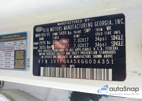 2016 Kia Sorento 3.3L Lx из США, поврежденный, VIN 5XYPG4A5XGG034351